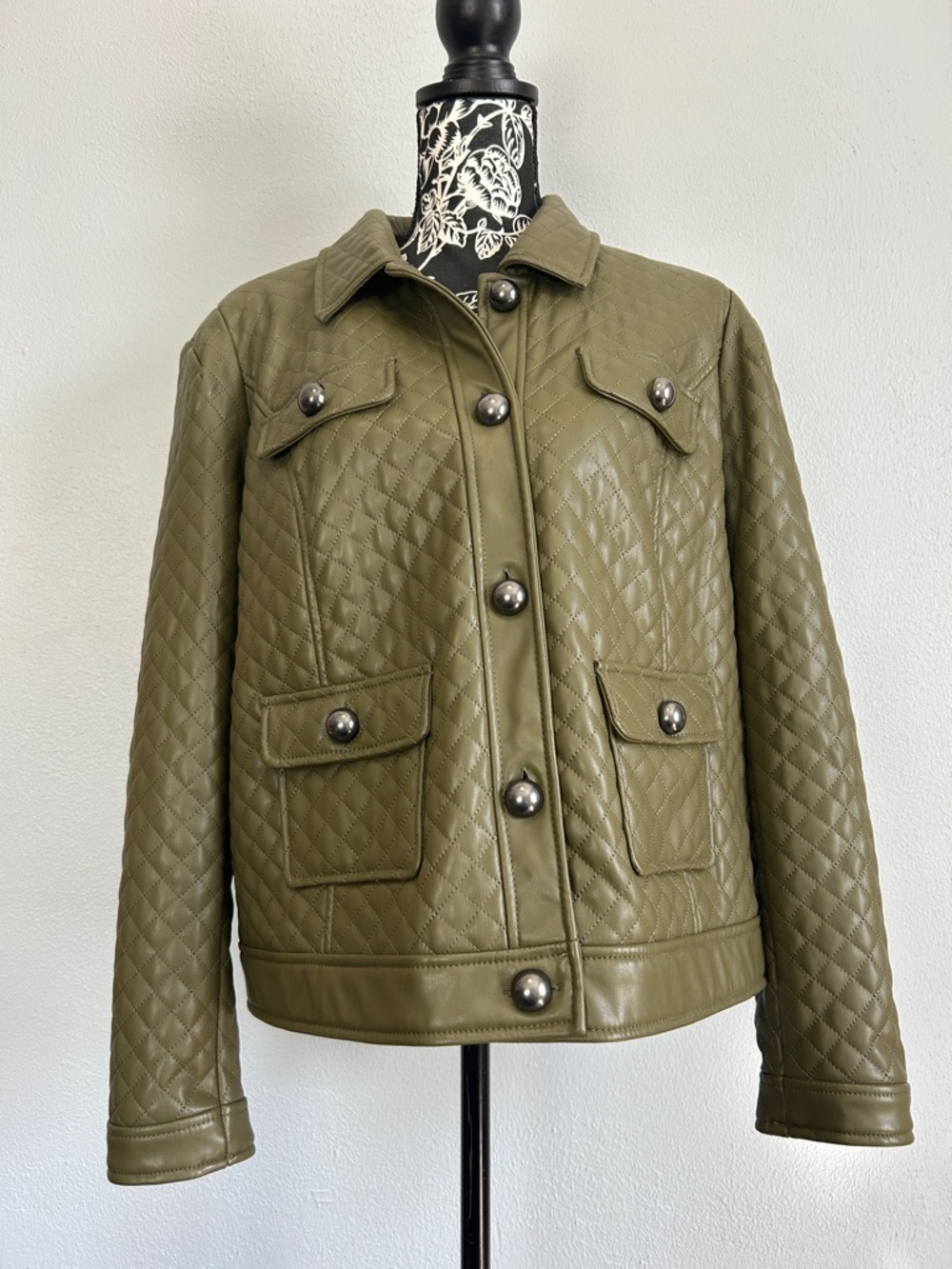 G by Giuliana Black Label Quilted Faux Leather Jacket Olive Green X-Large